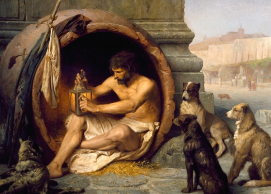 Diogenes of Sinope in a barrel surrounded by dogs